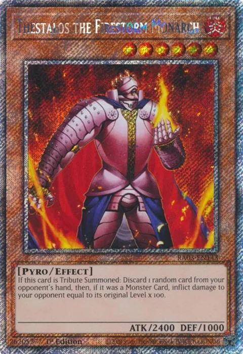 Thestalos the Firestorm Monarch Platinum Secret Rare RA03-EN143 Yu-Gi-Oh card from Quarter Century Bonanza