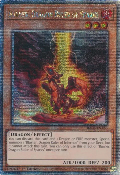 Burner, Dragon Ruler of Sparks Quarter Century Secret Rare RA03-EN256 Yu-Gi-Oh card from Quarter Century Bonanza