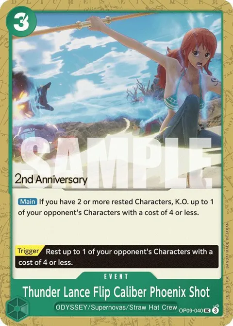 Thunder Lance Flip Caliber Phoenix Shot OP09-040 Tournament One Piece card from Emperors in the New World: 2nd Anniversary Tournament Cards