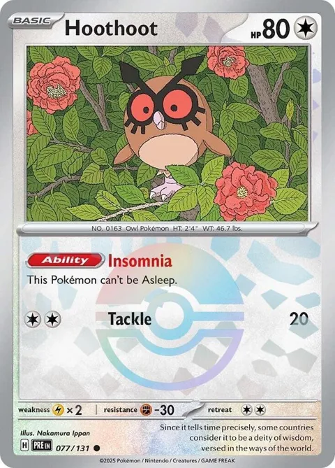 Hoothoot Poke Ball Pattern #077/131 Holofoil Pokémon card from Prismatic Evolutions