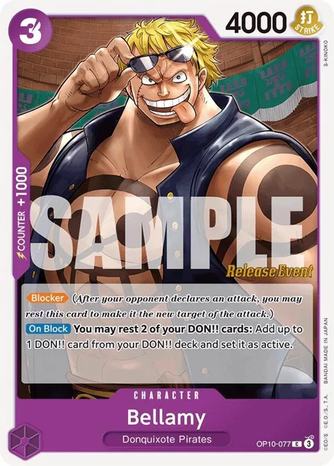Bellamy OP10-077 Pre-Release One Piece card from Royal Blood Release Event Cards