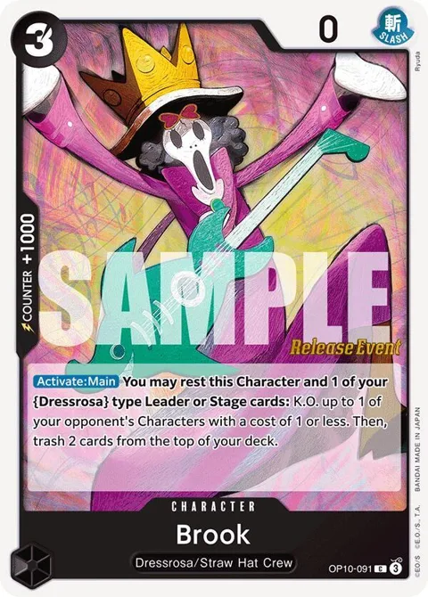 Brook OP10-091 Pre-Release One Piece card from Royal Blood Release Event Cards