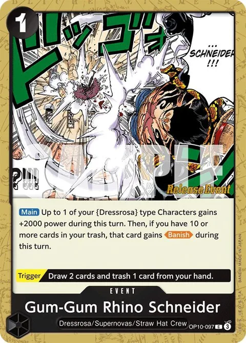 Gum-Gum Rhino Schneider OP10-097 Pre-Release One Piece card from Royal Blood Release Event Cards