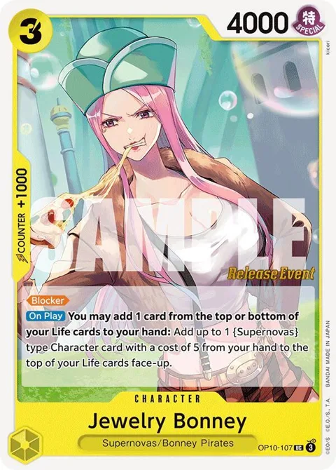 Jewelry Bonney OP10-107 Pre-Release One Piece card from Royal Blood Release Event Cards