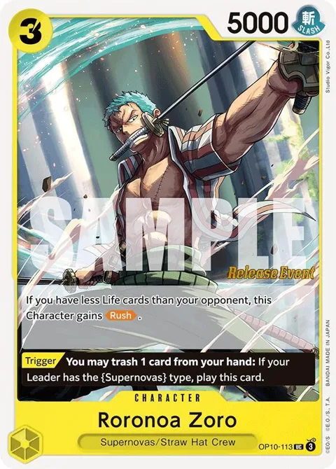 Roronoa Zoro OP10-113 Pre-Release One Piece card from Royal Blood Release Event Cards