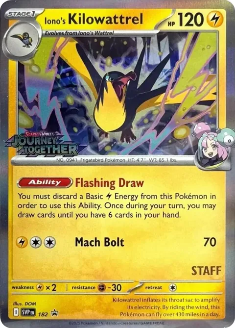 Iono's Kilowattrel - 182 Prerelease [Staff] #182 Holofoil Pokémon card from Scarlet & Violet Promo Cards