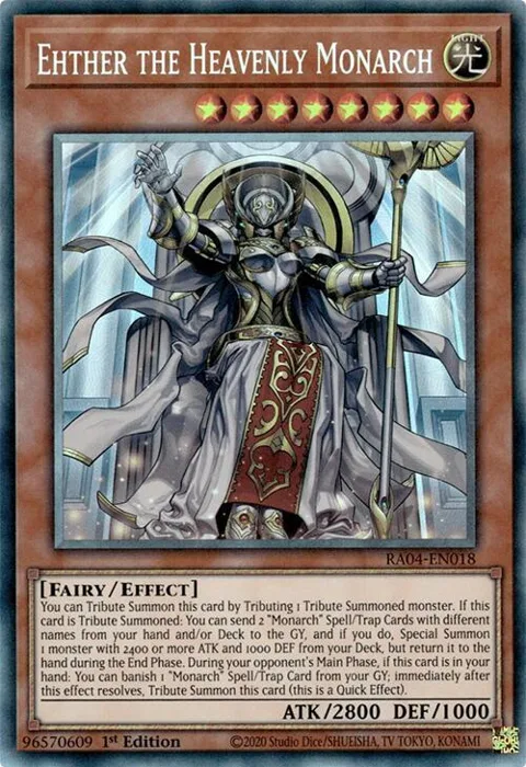 Ehther the Heavenly Monarch Prismatic Collector's Rare RA04-EN018 Yu-Gi-Oh card from Quarter Century Stampede