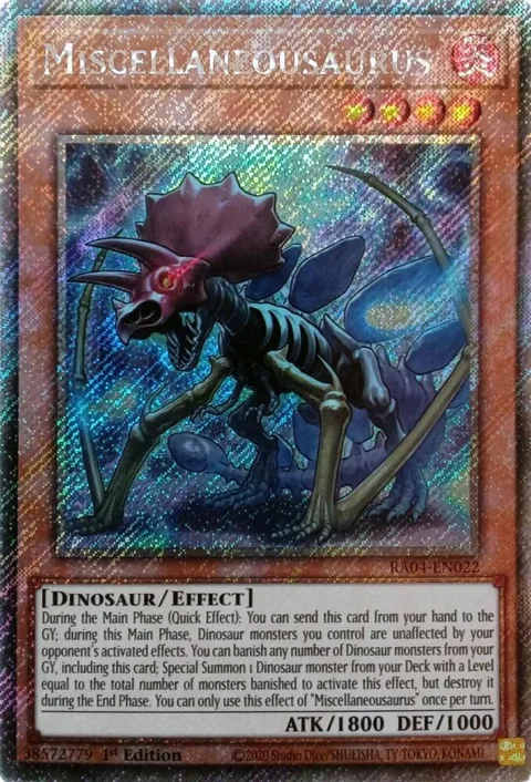 Miscellaneousaurus Platinum Secret Rare RA04-EN022 Yu-Gi-Oh card from Quarter Century Stampede