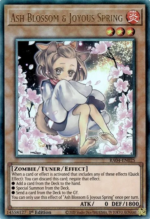 Ash Blossom & Joyous Spring Alt Art Prismatic Ultimate Rare RA04-EN025 Yu-Gi-Oh card from Quarter Century Stampede