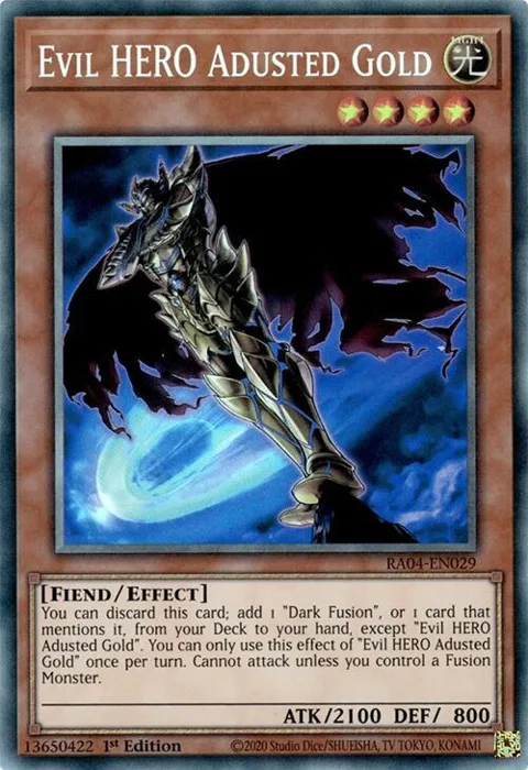 Evil HERO Adusted Gold Prismatic Collector's Rare RA04-EN029 Yu-Gi-Oh card from Quarter Century Stampede