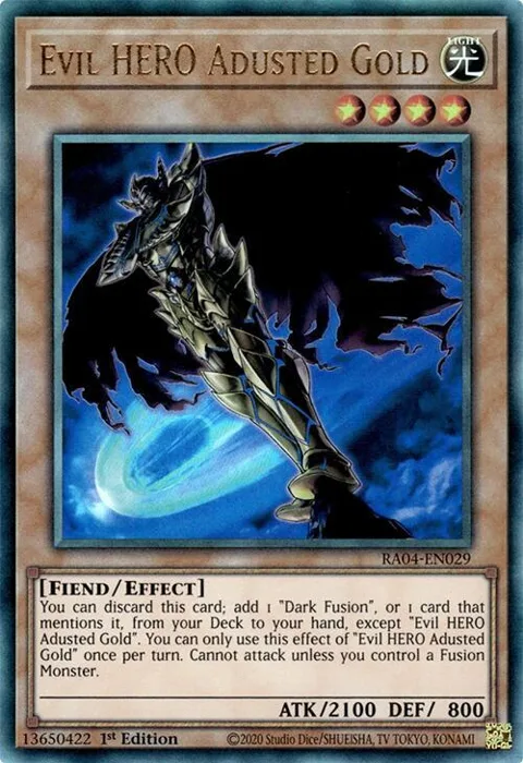 Evil HERO Adusted Gold Prismatic Ultimate Rare RA04-EN029 Yu-Gi-Oh card from Quarter Century Stampede