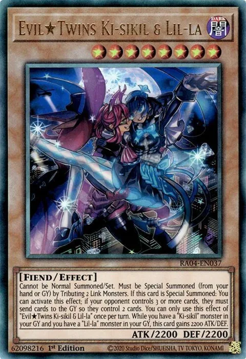 Evil Twins Ki-sikil & Lil-la Prismatic Ultimate Rare RA04-EN037 Yu-Gi-Oh card from Quarter Century Stampede