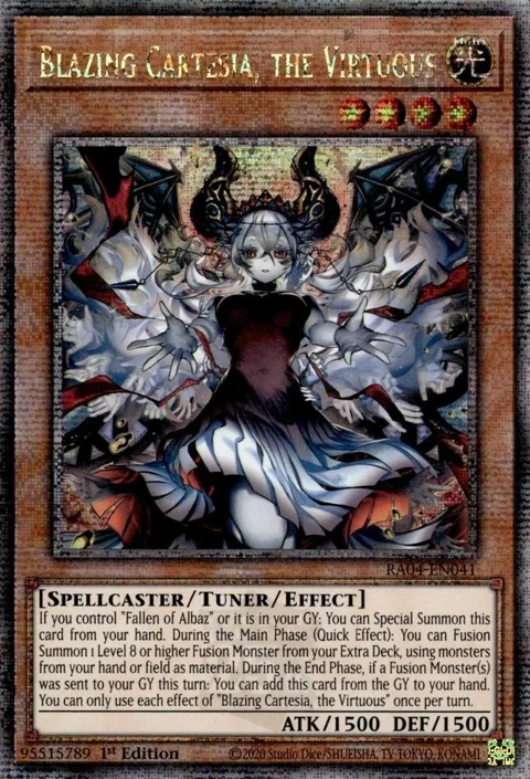Blazing Cartesia, the Virtuous New Art Quarter Century Secret Rare RA04-EN041 Yu-Gi-Oh card from Quarter Century Stampede