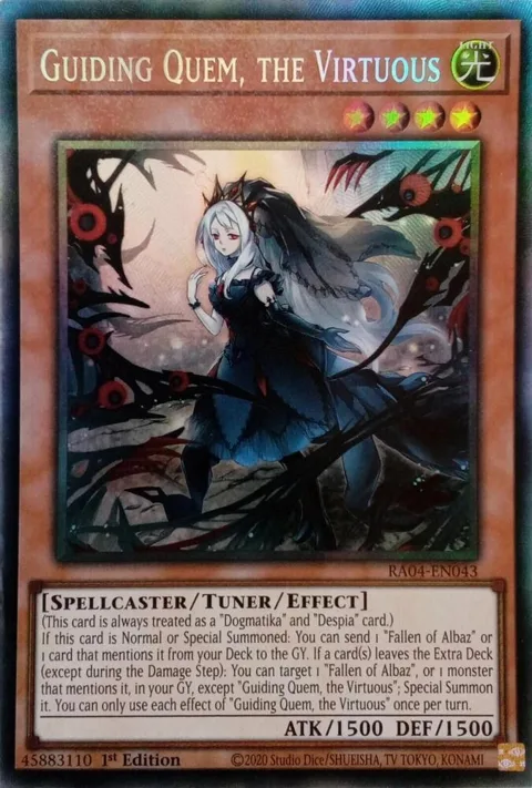 Guiding Quem, the Virtuous Prismatic Collector's Rare RA04-EN043 Yu-Gi-Oh card from Quarter Century Stampede