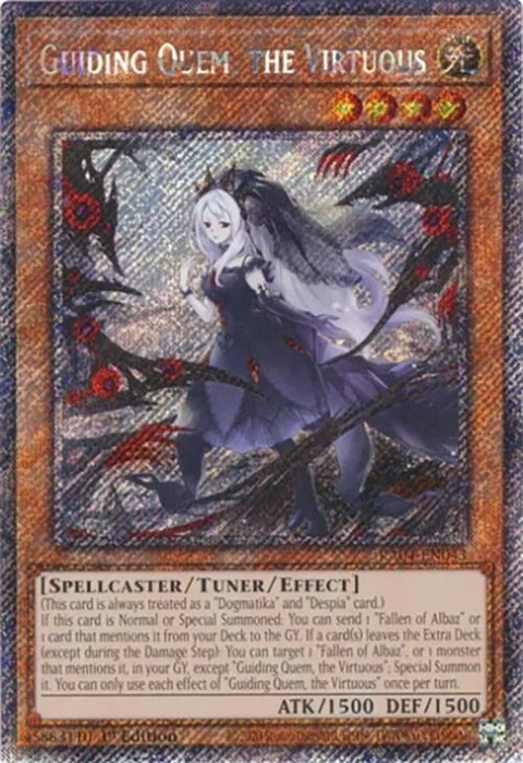 Guiding Quem, the Virtuous Platinum Secret Rare RA04-EN043 Yu-Gi-Oh card from Quarter Century Stampede