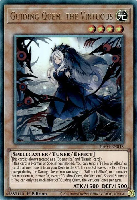 Guiding Quem, the Virtuous Prismatic Ultimate Rare RA04-EN043 Yu-Gi-Oh card from Quarter Century Stampede