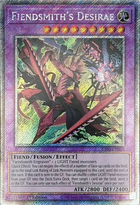 Fiendsmith's Desirae Platinum Secret Rare RA04-EN056 Yu-Gi-Oh card from Quarter Century Stampede