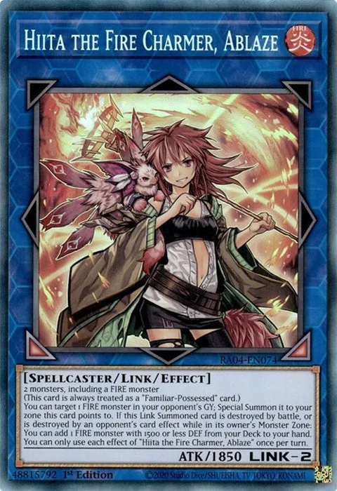 Hiita the Fire Charmer, Ablaze Prismatic Collector's Rare RA04-EN074 Yu-Gi-Oh card from Quarter Century Stampede