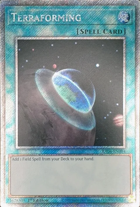 Terraforming Platinum Secret Rare RA04-EN084 Yu-Gi-Oh card from Quarter Century Stampede
