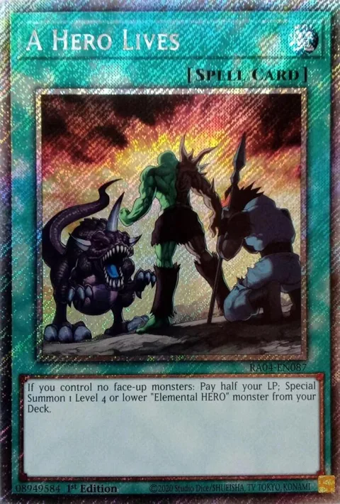 A Hero Lives Platinum Secret Rare RA04-EN087 Yu-Gi-Oh card from Quarter Century Stampede