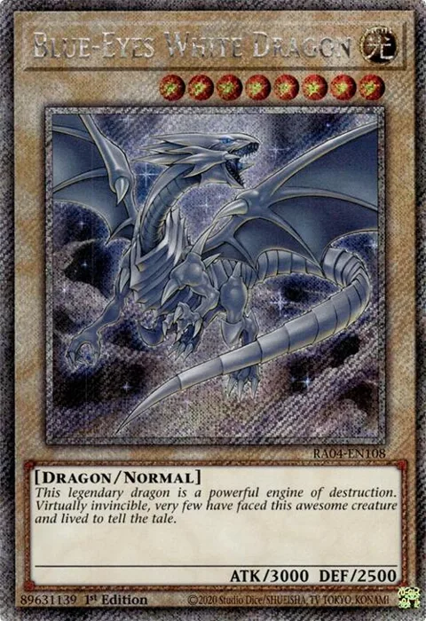 Blue-Eyes White Dragon 8th Art Platinum Secret Rare RA04-EN108 Yu-Gi-Oh card from Quarter Century Stampede