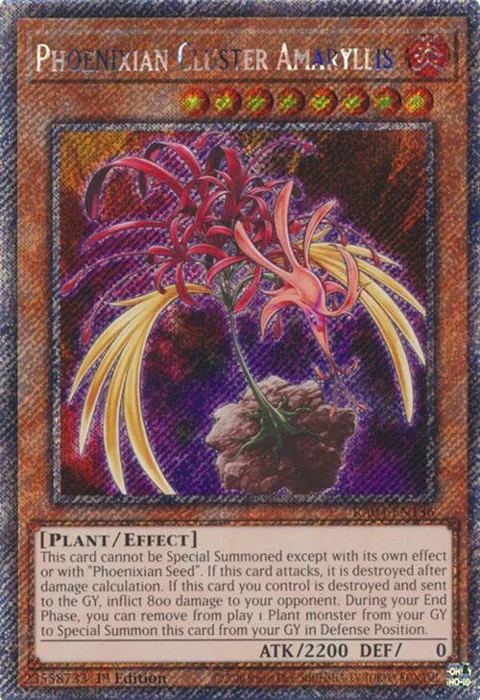 Phoenixian Cluster Amaryllis Platinum Secret Rare RA04-EN136 Yu-Gi-Oh card from Quarter Century Stampede