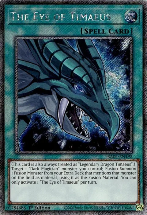 The Eye of Timaeus Platinum Secret Rare RA04-EN192 Yu-Gi-Oh card from Quarter Century Stampede