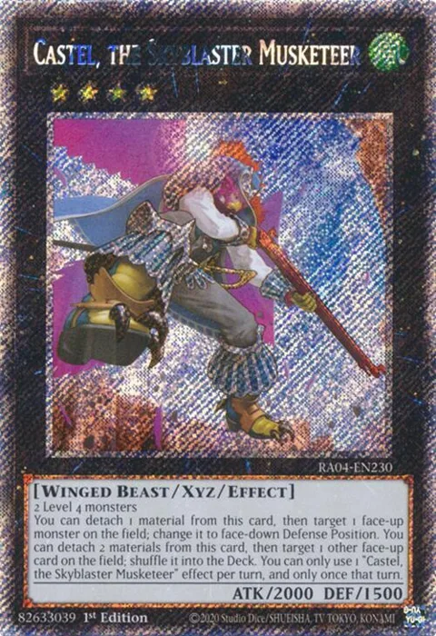 Castel, the Skyblaster Musketeer Platinum Secret Rare RA04-EN230 Yu-Gi-Oh card from Quarter Century Stampede