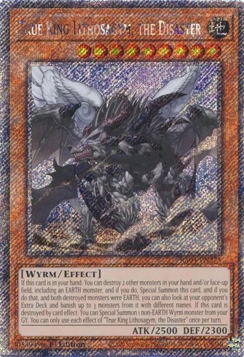 True King Lithosagym, the Disaster Platinum Secret Rare RA04-EN275 Yu-Gi-Oh card from Quarter Century Stampede