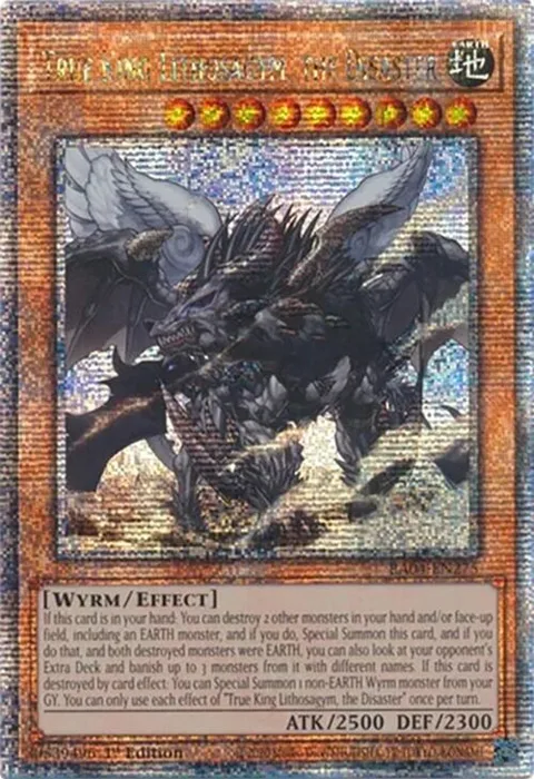 True King Lithosagym, the Disaster Quarter Century Secret Rare RA04-EN275 Yu-Gi-Oh card from Quarter Century Stampede