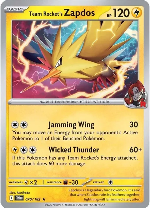 Team Rocket's Zapdos #070/182 Reverse Holofoil Pokémon card from Destined Rivals