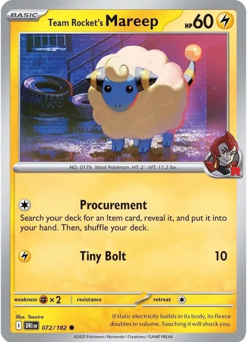 Team Rocket's Mareep #072/182 Reverse Holofoil Pokémon card from Destined Rivals