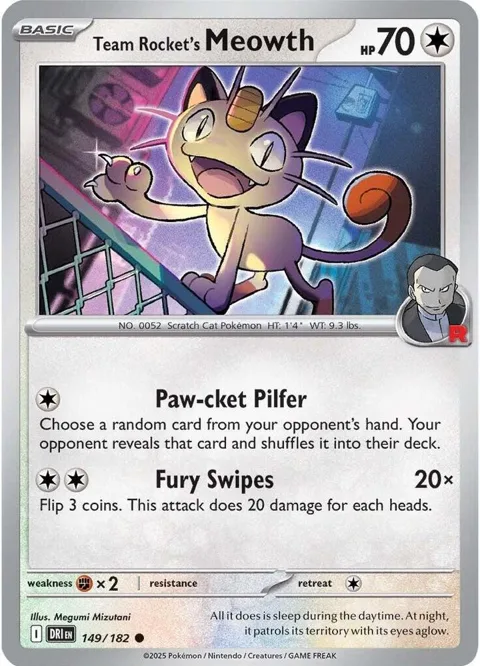 Team Rocket's Meowth #149/182 Reverse Holofoil Pokémon card from Destined Rivals