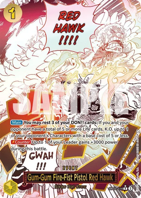 Gum-Gum Fire-Fist Pistol Red Hawk Alt Art OP11-114 One Piece card from A Fist of Divine Speed