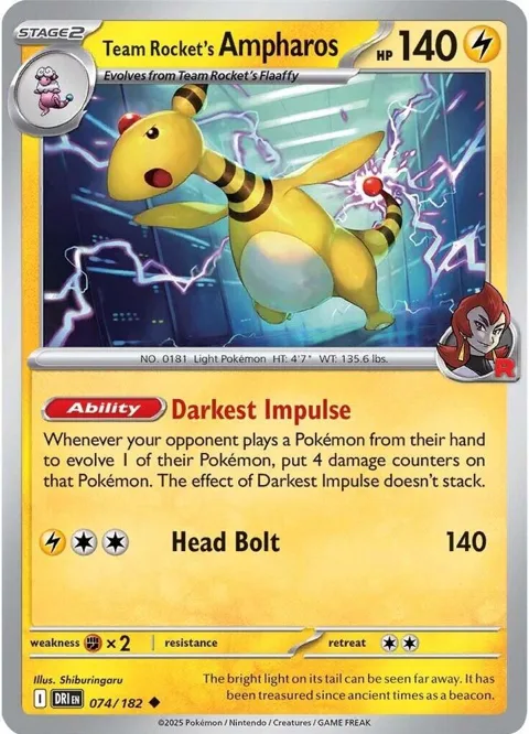 Team Rocket's Ampharos #074/182 Reverse Holofoil Pokémon card from Destined Rivals