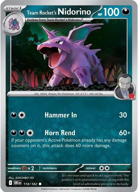 Team Rocket's Nidorino #118/182 Reverse Holofoil Pokémon card from Destined Rivals