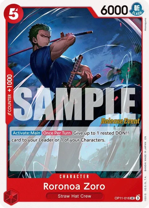 Roronoa Zoro OP11-016 Pre-Release One Piece card from A Fist of Divine Speed Release Event Cards
