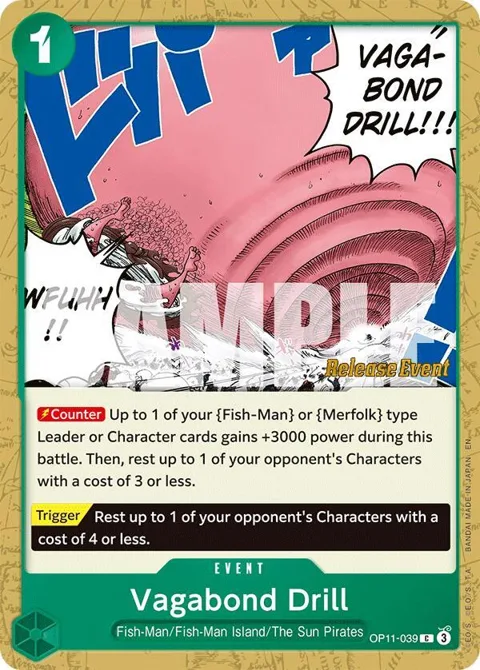 Vagabond Drill OP11-039 Pre-Release One Piece card from A Fist of Divine Speed Release Event Cards