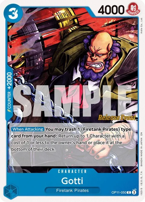 Gotti OP11-050 Pre-Release One Piece card from A Fist of Divine Speed Release Event Cards