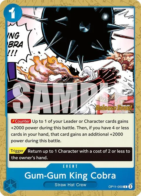 Gum-Gum King Cobra OP11-059 Pre-Release One Piece card from A Fist of Divine Speed Release Event Cards