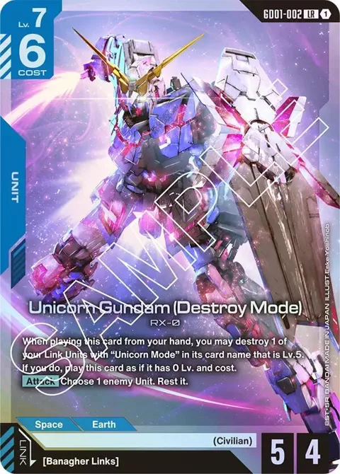 Unicorn Gundam Destroy Mode GD01-002 GD01 Gundam card from Newtype Rising
