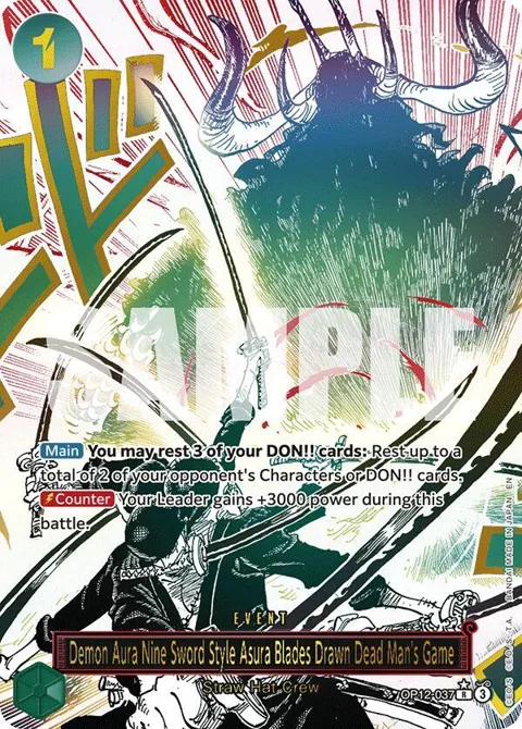 Demon Aura Nine Sword Style Asura Blades Drawn Dead Man's Game Alt Art OP12-037 One Piece card from Legacy of the Master