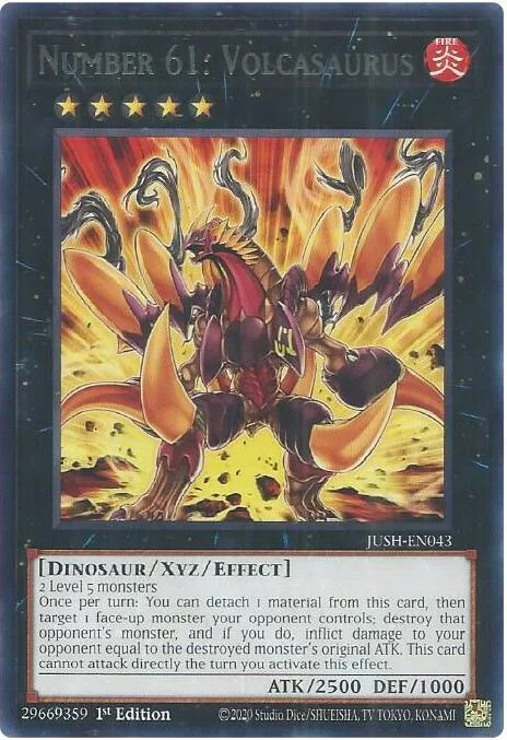 Number 61: Volcasaurus JUSH-EN043 Yu-Gi-Oh card from Justice Hunters