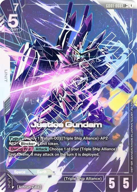 Justice Gundam LR+ GD01-066 Gundam card from Newtype Rising