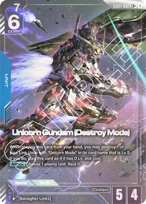 Unicorn Gundam Destroy Mode LR+ GD01-002 Gundam card from Newtype Rising