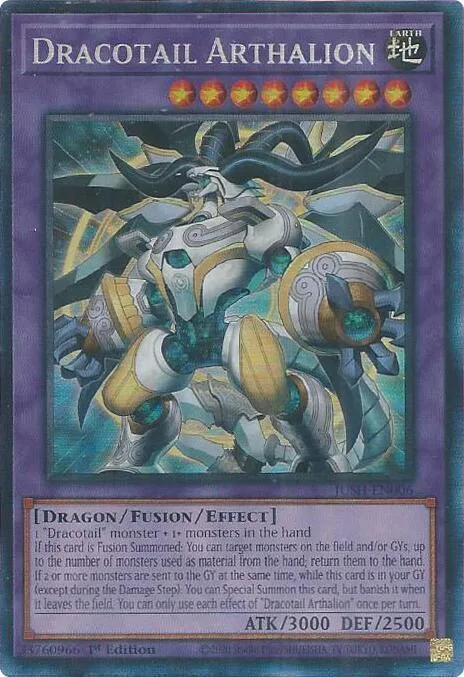 Dracotail Arthalion Collector's Rare JUSH-EN006 Yu-Gi-Oh card from Justice Hunters