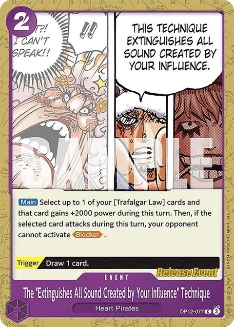 The "Extinguishes All Sound Created by Your Influence" Technique OP12-077 Pre-Release One Piece card from Legacy of the Master Release Event Cards