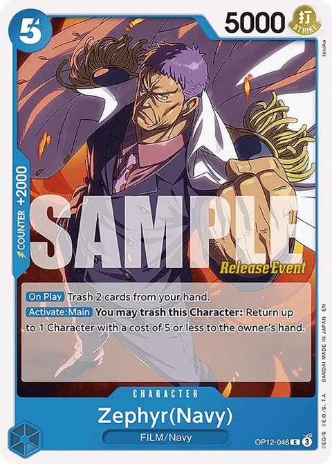 Zephyr Navy OP12-046 Pre-Release One Piece card from Legacy of the Master Release Event Cards