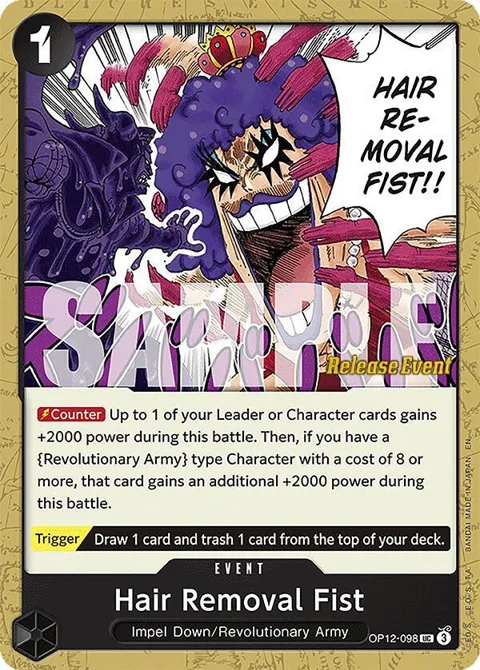 Hair Removal Fist OP12-098 Pre-Release One Piece card from Legacy of the Master Release Event Cards