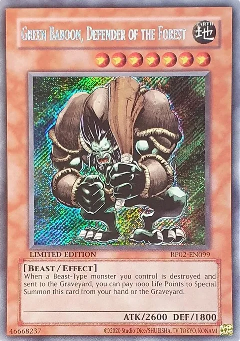 Green Baboon, Defender of the Forest RP02-EN099 Yu-Gi-Oh card from Retro Pack 2 (2020 Date Reprint)